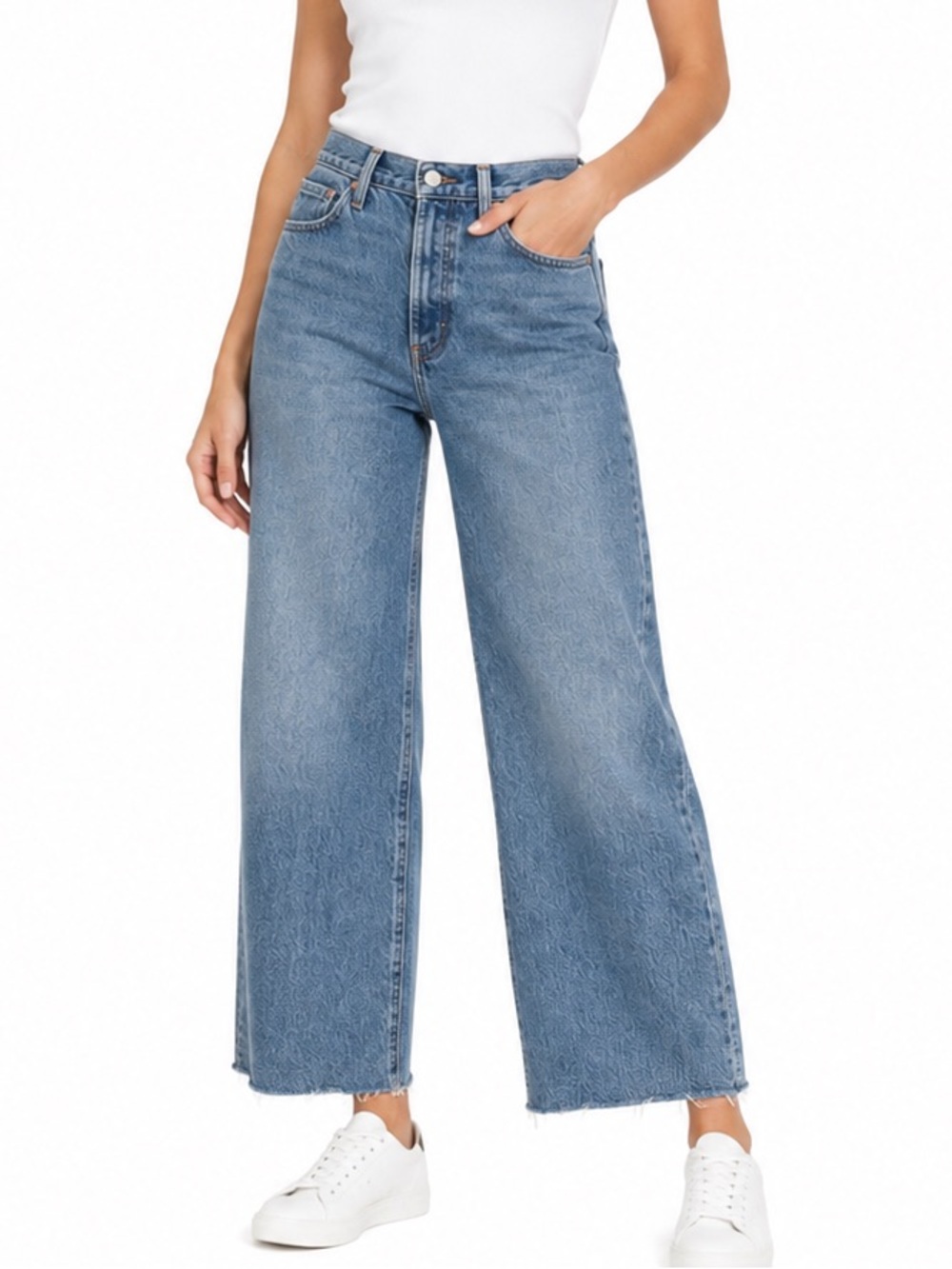 Denim Forum The Farrah High Rise Wide Leg Denim Jeans Raw Hem 24” W X 27 I